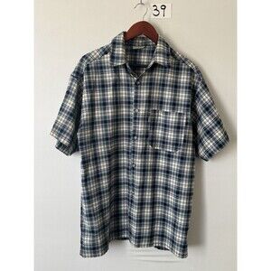 CalTop Men’s Large Blue Plaid Short Sleeve Button Up Shirt Made in USA